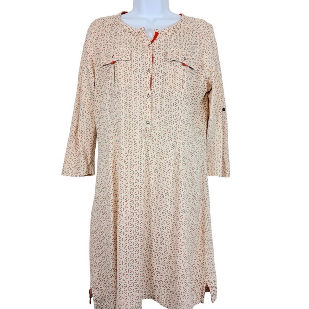 Patagonia Cream Coral Print Shirt Dress Roll Tab Sleeve Button Front Midi Dress